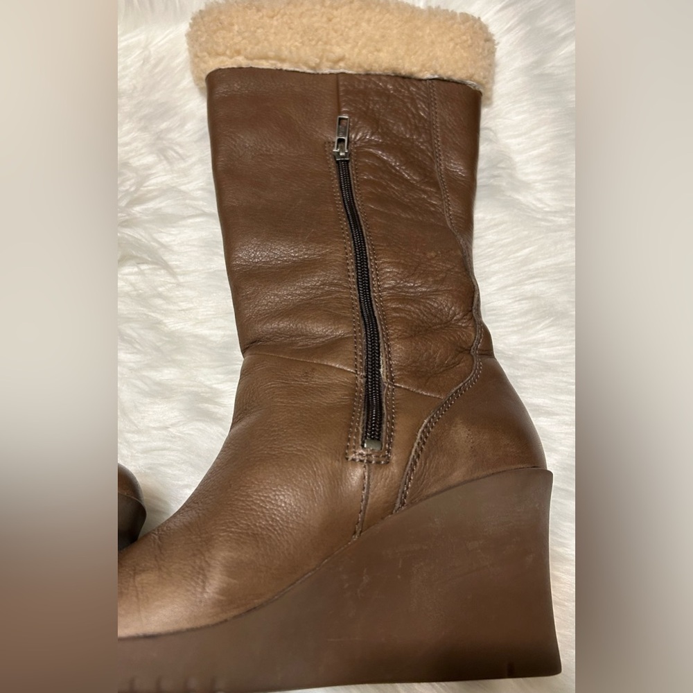 UGG Felicity Brown Shearling-Lined Mid Calf Lace Leather Wedge Boots - Picture 10 of 15